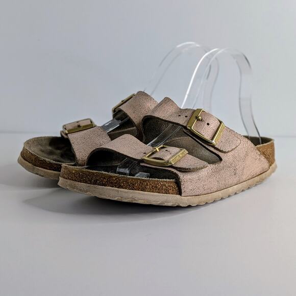 Birkenstock Sandals Arizona EU 40 Pink Gold Flat Slides Leather Open Toe Slip On - Picture 12 of 15